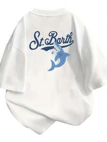 Women Saint Barth Shark Print Short Sleeve T-Shirt Casual Crew Neck Top With Geometric Design White Blue Contrast Machine Washable All-Season Comfort Summer Apparel Oceanthemed Apparel Comfortable Fabric Vacation Style Breathable Shirt Print Tee Adults - 白色 - 查看 2