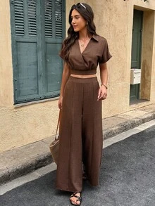 2pcs Women's Linen Blend Crossed V-Neck Wide Leg Suit Summer - Brown - View 4