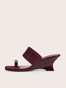Giày sandal đế xuồng kiểu La Mã mũi vuông, chất liệu nhung màu đỏ tía tối giản, thanh lịch, trang trí kim loại, phù hợp cho tiệc tùng và đi làm. - Màu Đỏ Sâu - Xem 2