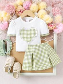 2pcs Baby Girls Cute White Ribbed Short Sleeve T-Shirt + Plaid Skirt Set, Lightweight Summer