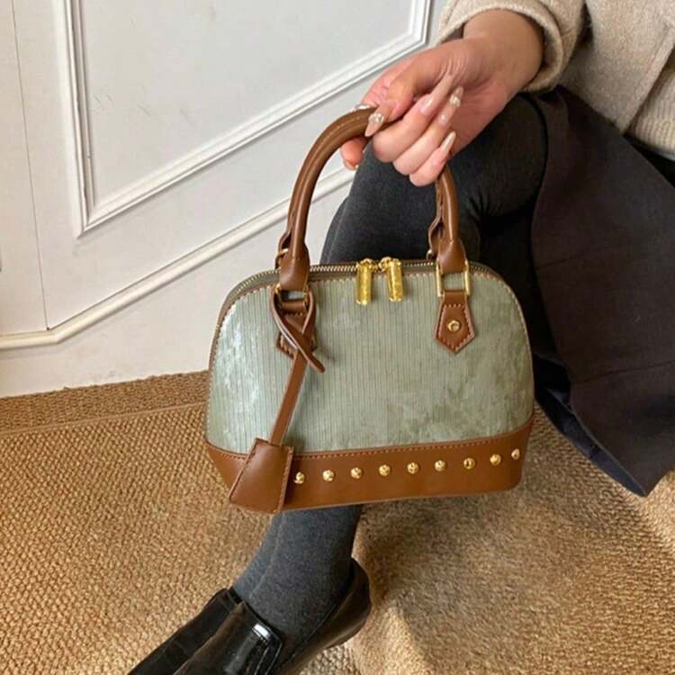 [Oferta exclusiva]Bolso de hombro para mujer con tachuelas elegante y moderno bolso de mano cruzado de concha para el otoño  moda accesorios - Verde - Añade 5