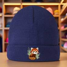 Red Bear In Nature Sewing Knitted Hat - Breathable, Non-Pilling, Soft And Elastic, Elegant Red Bear And Green Leaf Print, Unisex Winter Hat - Navy Blue - View 13