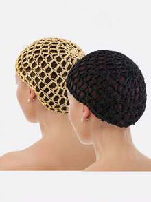 1pc Women Fashion Hollow Out Crochet Hair Bonnet Silk Bonnet Satin Bonnet Hair Sleep Cap - Black - View 18