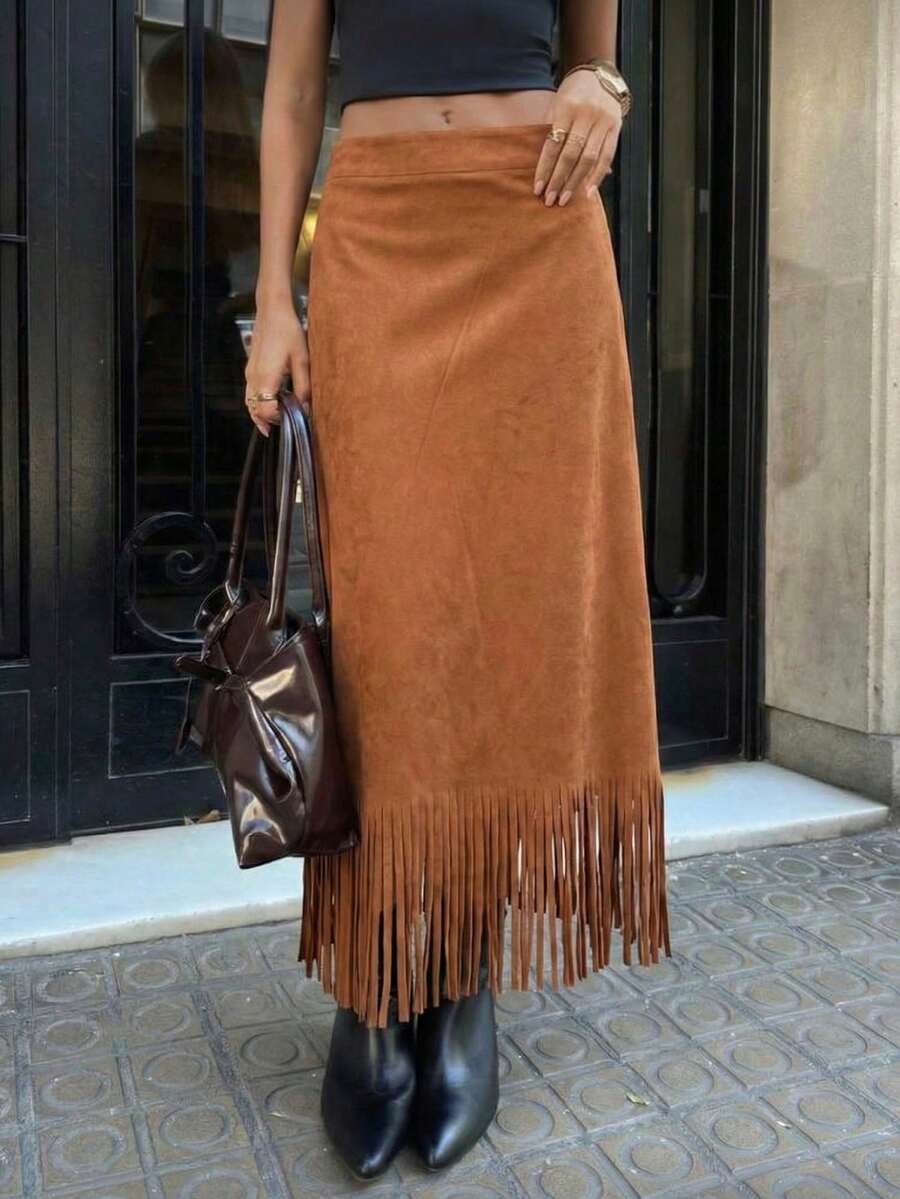 Women's Elegant Casual Boho High Waist Midi Skirt, Coffee Faux Suede With Tassel Hem, Soft Plain Skirt For Date, Party, Vacation, All Seasons - Brown - View 1