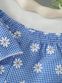 春夏女婴可爱格子蝴蝶结雏菊印花吊带背心搭配高腰宽松雏菊印花长裤，打造度假乡村风穿搭 - 藍色 - 查看 4