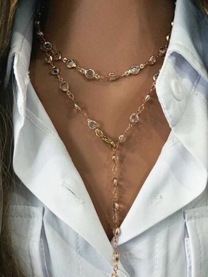 1pc Gold-Color Y-Shaped Necklace For Women, Suitable For Daily Wear, Dates, Parties, Holidays, Vacations, Pairing With V-Neck Outfits, Anniversary & Birthday Gifts. Also 1pc Gold-Color Short Necklace For Women, Minimalist, Fashionable, Sexy Yet Cute.