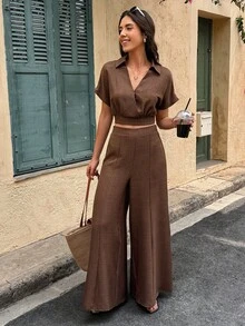 2pcs Women's Linen Blend Crossed V-Neck Wide Leg Suit Summer - Brown - View 3