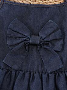 Girls' Summer Outfit - Sleeveless Ruffle Strap Top With Bow Accent, Paired With Ruffled Hem Casual Denim Shorts, Suitable For Summer Travel, Beach, Or Everyday Wear - Dark Wash - View 3