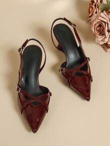 Women's New Pointed Toe Backless High Heel Shoes, Thin Heel, Low Vamp, Commuting/Office, Elegant Buckle Bow Decor - Redwood - View 7