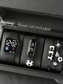 Set de 3 piezas con reloj digital LED con diseño de fútbol de dibujos animados, collar y pulsera, correa de silicona, adecuado para niños y estudiantes - Negro - Ver 2