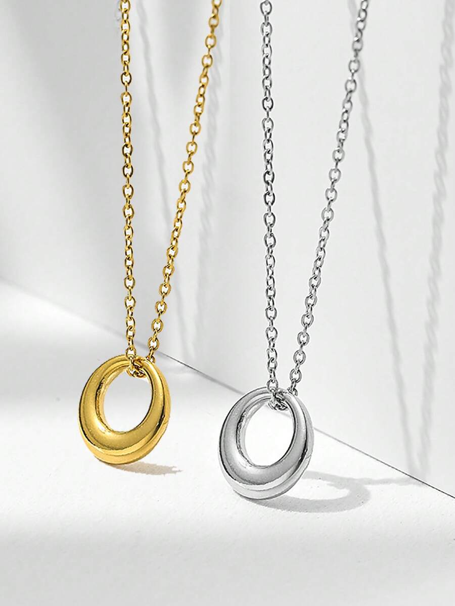 1pc Fashionable Minimalist Hollow Geometric Circle Alloy Chain Necklace For Women, Suitable For Holidays And Daily Wear - 541 Gold and Silver 2pcs - View 1