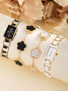 四件套：Gaiery 时尚简约方形贝壳女士石英表，搭配两条花朵手链，合金材质，复古优雅配饰，Y2K 风格，适合派对、节日、情人节和日常佩戴。 - 彩色 - 查看 6