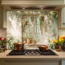 2D平面设计——简约风格，一面窗台绿植环绕，垂蔓藤蔓营造出宁静的乡村生活氛围。这款厨房墙贴易于粘贴，采用优质PVC材料制成。是家居装饰和现代厨房的理想之选。 - 彩色 - 查看 13