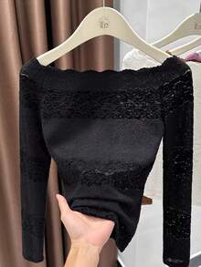 Women's Off-Shoulder Long Sleeve Lace Top, Black Sexy Slim Fit Undershirt For Autumn/Winter, Can Be Worn Outerwear - Black - View 3