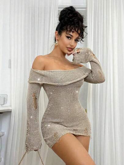 Plus Size Women's Summer Beach Vacation Party Ripped Style Sequin Decor One-Shoulder Sweater Dress