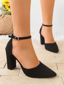 黑色优雅风景版高跟鞋，女士优雅淑女踝扣镂空时尚粗跟礼服鞋，春秋季通勤新款尖头高跟鞋 - 黑色 - 查看 5