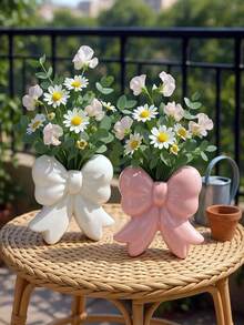 1pc Creative Bow Vase, Pink & White Minimalist High-End Design, Suitable For Room Decor, Home, Living Room, Study, Dining Room Decoration, Exquisite Crafted Ornament Vase