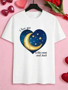 T-shirt à imprimé cœur lune et étoile, coton premium, col rond, coupe confortable, imprimé original - Blanc - Voir 2