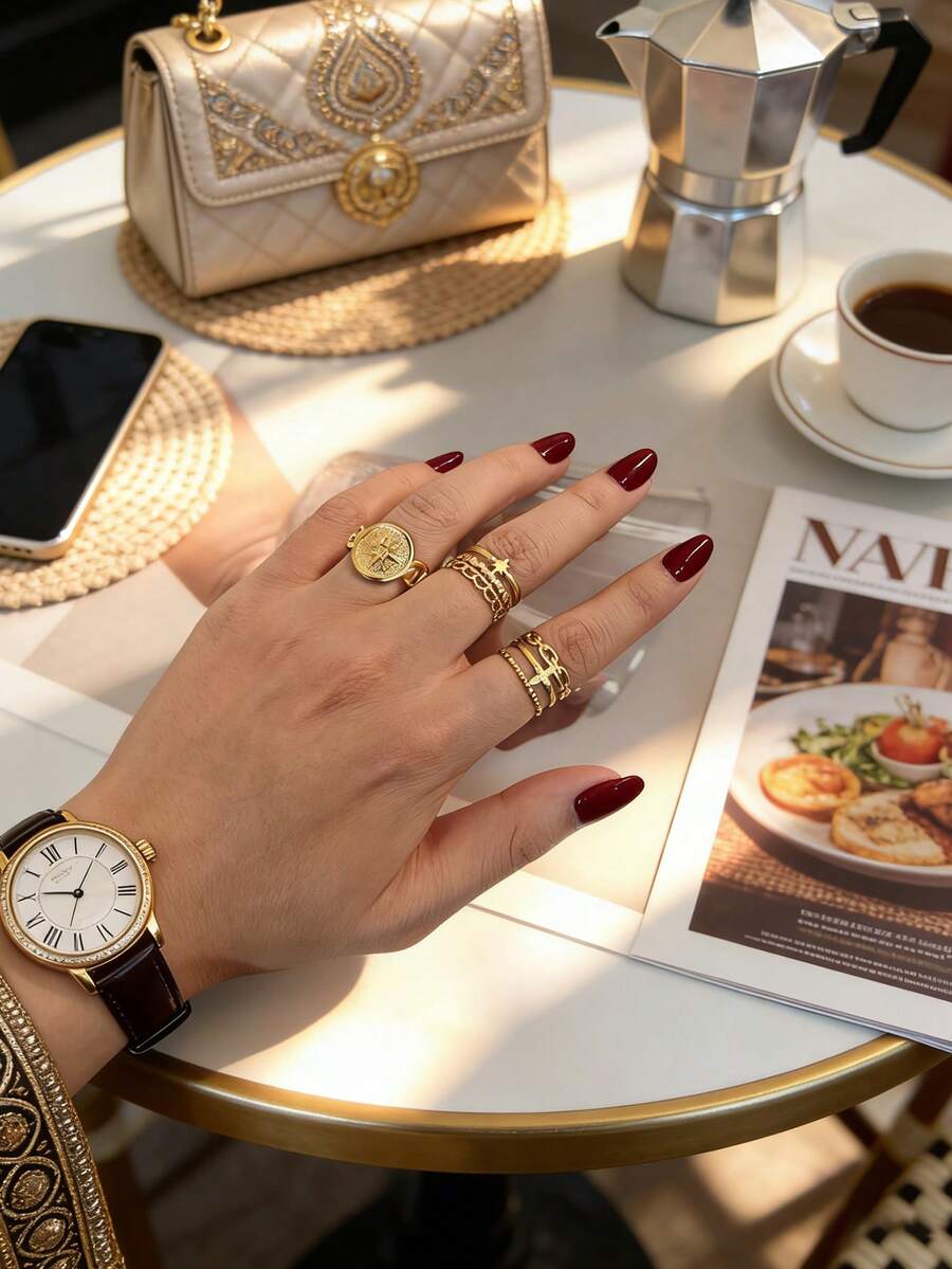 Set de 3 inele elegante din oțel inoxidabil placate cu aur de 18K, cu model geometric, cerc, stea, lună și frunză, inspirate de monede vintage, potrivite pentru femei, pentru zi de zi, petreceri, sărbători, cadouri, cumpărături, întâlniri, set de inele de lux