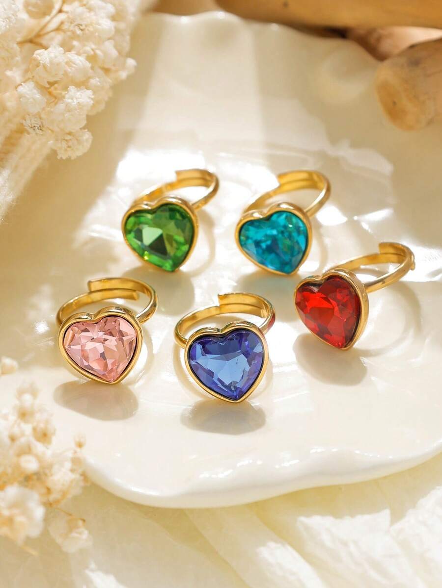 1pc Multi-Color Sparkling Heart Zirconia Stainless Steel Gold Adjustable Ring, Suitable For Girls' Everyday Wear And Parties, Exquisite And Simple Jewelry Gift.