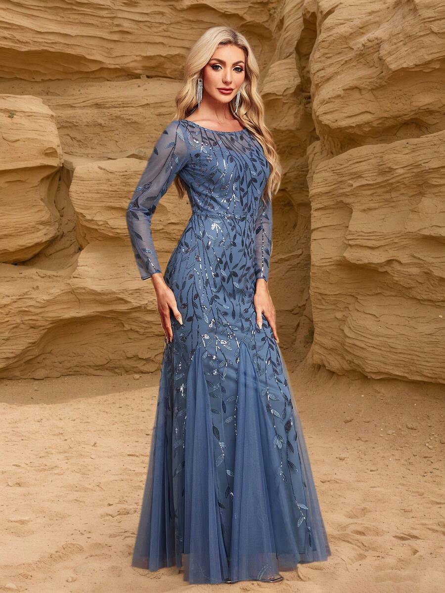 Đầm dạ hội dáng đuôi cá bằng vải lưới thêu sequin phối màu tương phản thanh lịch dành cho nữ, thích hợp làm đầm dự tiệc cưới, đầm dự tiệc lễ hội và trang phục trang trọng. - Màu xanh bụi bặm - Xem 1