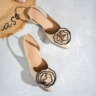 Giày sandal đế bằng mũi nhọn họa tiết hoa dành cho nữ, giày lười đế thấp màu be bằng satin thanh lịch với chi tiết khoét bên hông, thích hợp cho mùa xuân.