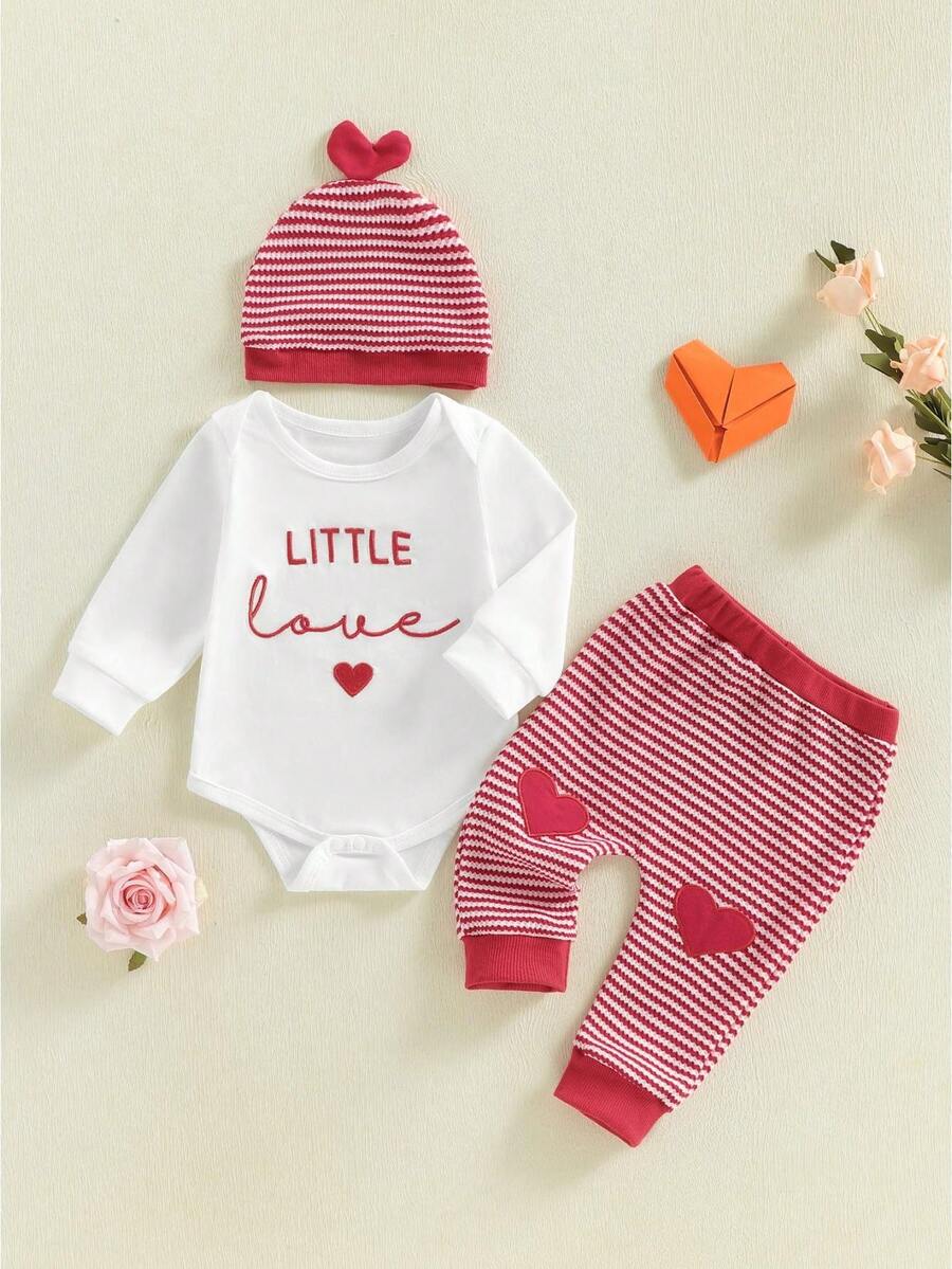 My First Valentines Baby Boy Outfit Lover Boy Long Sleeve Romper Pants Hat Infant Newborn Clothes Outfits - Đỏ - Xem 1