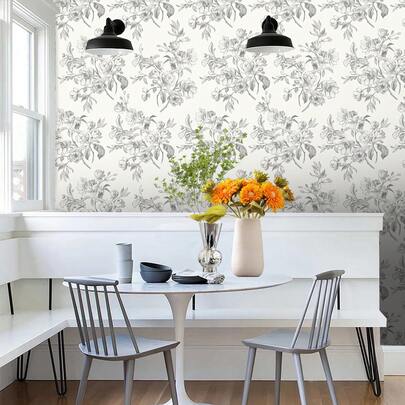 1 rollo de papel tapiz autoadhesivo vintage con flores en blanco y negro pintadas a mano, removible, impermeable, fácil de instalar, adecuado para la decoración del hogar, dormitorio, sala de estar, cocina, tamaño: 17.32*118.11/196.85/393.7 pulgadas