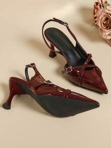 Women's New Pointed Toe Backless High Heel Shoes, Thin Heel, Low Vamp, Commuting/Office, Elegant Buckle Bow Decor - Redwood - View 5