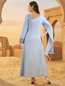 Đầm dài kiểu Ả Rập thanh lịch dành cho nữ, cổ áo bất đối xứng, tay áo bất đối xứng, thêu cầu kỳ, thêu và in ngẫu nhiên, màu trơn. - Màu xanh da trời - Xem 3