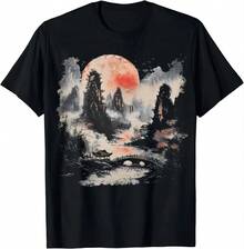 Camiseta estética Cottagecore, camiseta de paisaje de puente iluminado por la luna, armonía en la naturaleza para mujeres y hombres, ropa de calle Harajuku Y2k - Negro - Ver 1