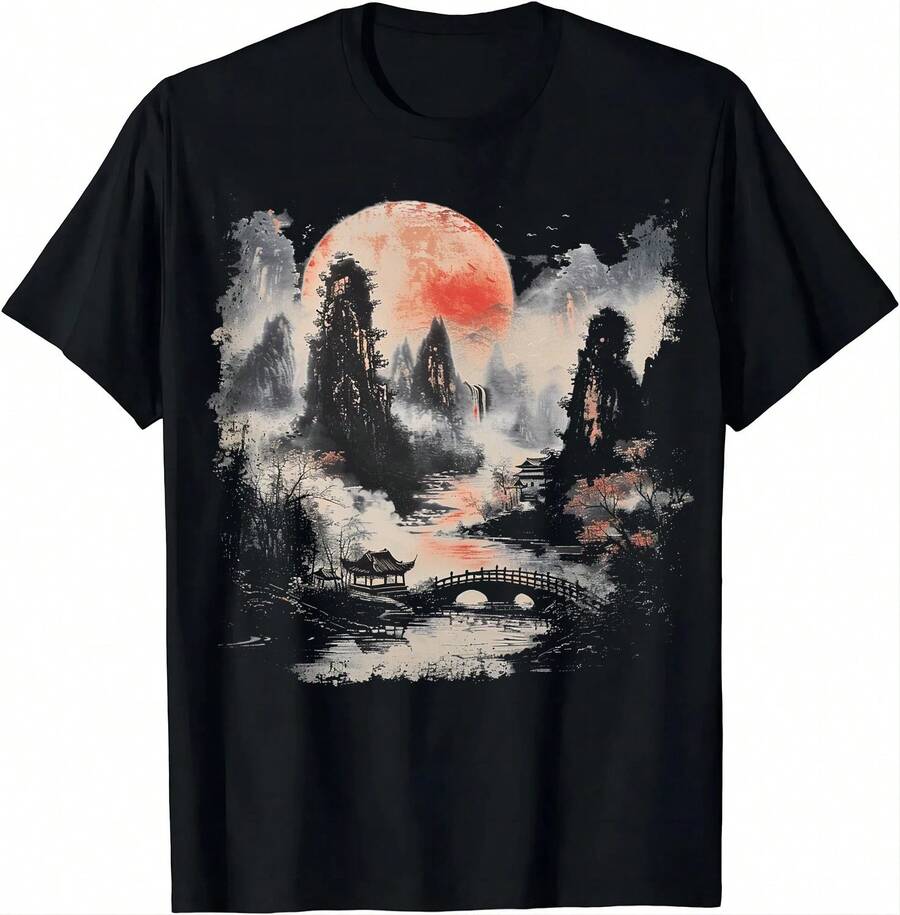 Camiseta estética Cottagecore, camiseta de paisaje de puente iluminado por la luna, armonía en la naturaleza para mujeres y hombres, ropa de calle Harajuku Y2k - Negro - Ver 1