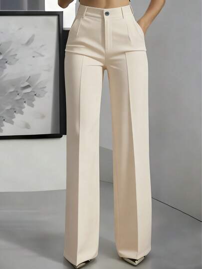 Solid Color Button Zipper Pocket Press Crease Elegant Pants