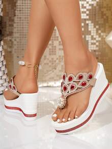 Women's Fashion Platform Wedge Sandals, Pearl & Rhinestone Decor, Slip-On Floral Thong Sandals, Casual Style For Spring/Summer Outdoor & Commute - Red - View 6