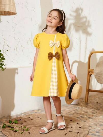 Young Girls Summer New Girls Solid Color 3D Bow Decor Patchwork Plaid Casual Gigot Sleeve Dress