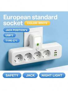 EU New Durable 4 Plugs EU Plug Outlet Type-C Ports Universal Outlet Electrical Socket Wall Mounted Socket Adapter Home OfficesStrip Wall Socket With 4 AC Outlets 2 USB 1 Type C - EU E Type Plug(220-240V) - View 8