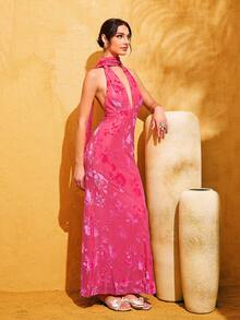 LOVE&LEMONADE 时尚粉色女士提花天鹅绒露背深V领连衣裙 - 粉色 - 查看 5