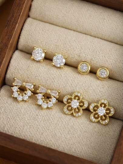 4 Pairs Cute Elegant Sparkling Cubic Zirconia 5-Petal Flower Stud Earrings, Ideal Gift For Kids, Girls, Family, Friends, Sisters, Daughters, Classmates, Suitable For Parties, Banquets, Birthdays, Holidays, Festivals, Dates, And Daily Wear