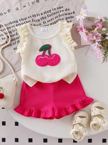 2pcs Baby Girl Summer Fashionable Cherry Embroidery Sleeveless Top And Ruffle Elastic Waist Shorts Set - Hot Pink - View 2