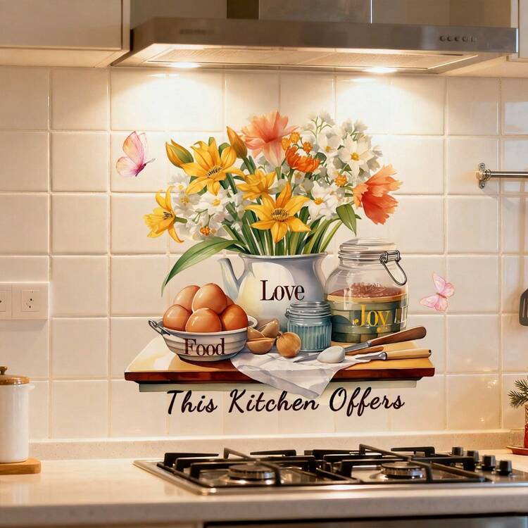 1/2/3/5pcs Creative Butterfly & Floral Kitchen Wall Stickers, Waterproof PVC Self-Adhesive, Suitable For Restaurant, Kitchen, Home Decor Background Wall Decals - Multicolor - View 4