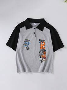 Áo polo chui đầu kiểu dáng thể thao tối giản dễ thương dành cho bé trai tuổi teen, họa tiết trường học, quần áo trẻ em, áo mùa hè thường ngày mới. - Xám - Xem 3