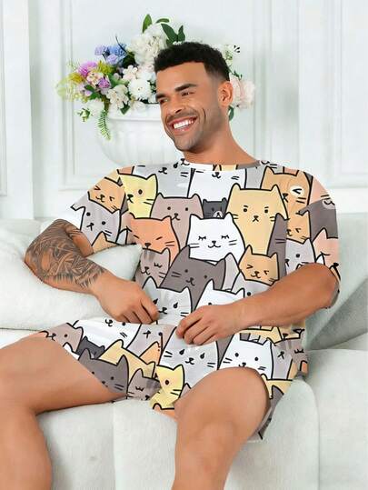 Plus Size Men's Pajama Set | Round Neck Short Sleeve Top And Elastic Waist Casual Shorts 2-Piece Set | Polyester Knit Fabric Soft And Breathable Loose Fit | Cute Cat Print Casual Design