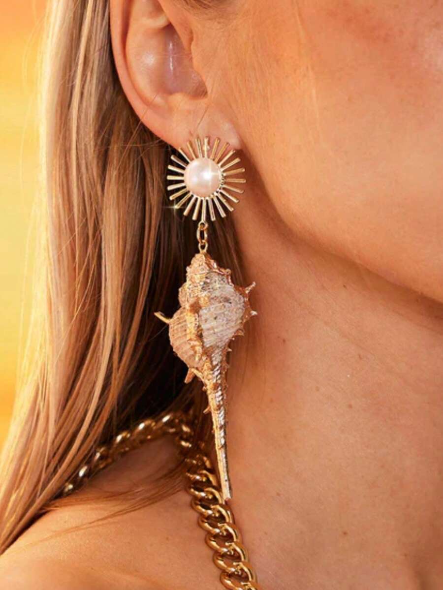 一对不对称天然贝壳吊坠耳环，时尚夸张的女士天然饰品，适合夏季海滩度假 - 彩色 - 查看 1