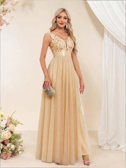 Sleeveless V-Neck Mesh Sequin Embroidered A-Line Bridesmaid Dress, Elegant Ladies' Ball Gown, Formal Wedding Guest Dress, Holiday Gala Party Attire