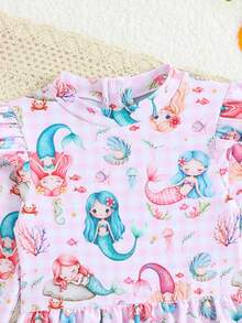 Young Girl Mermaid Cartoon Cute Print Ruffle One-Piece Swimsuit - Multicolor - View 3