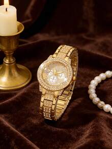 6件套心形镶钻女士金表套装，石英女士珠宝手表组合，包括一块镶满钻石的金表、一条心形钻石手链、一条配套的心形项链、一枚金戒指和一副心形耳环。 - 金色 - 查看 8