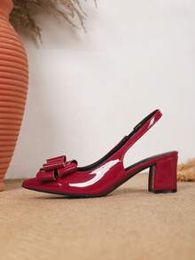 春季新款时尚女士尖头婚鞋，粗跟蝴蝶结凉鞋，休闲舒适女鞋 - 紅色 - 查看 5