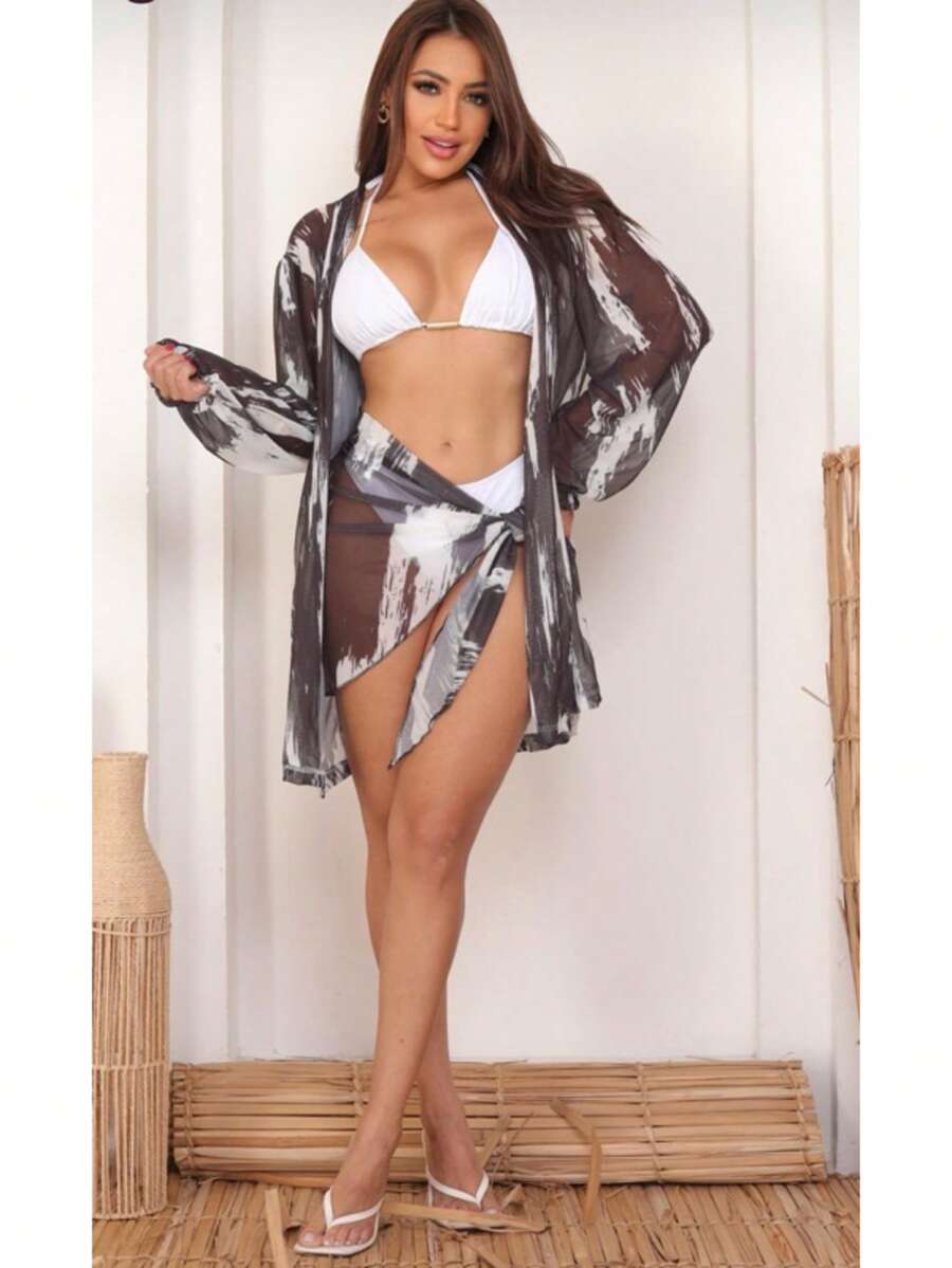 Beach Cover-Up Set: Shirt Dress + Tulle Bandana | Summer 2026 Fashion Blogger - Đen và trắng - Xem 1