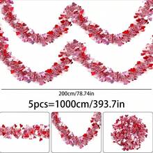 10m=5pcs Realistic Artificial Heart Shaped Vine, Artificial Flowers, Romantic Valentine's Day Faux Pink Heart Plush Ribbon Wreath, Non-Lighted Artificial Flower Wreath