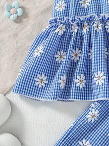 春夏女婴可爱格子蝴蝶结雏菊印花吊带背心搭配高腰宽松雏菊印花长裤，打造度假乡村风穿搭 - 藍色 - 查看 5